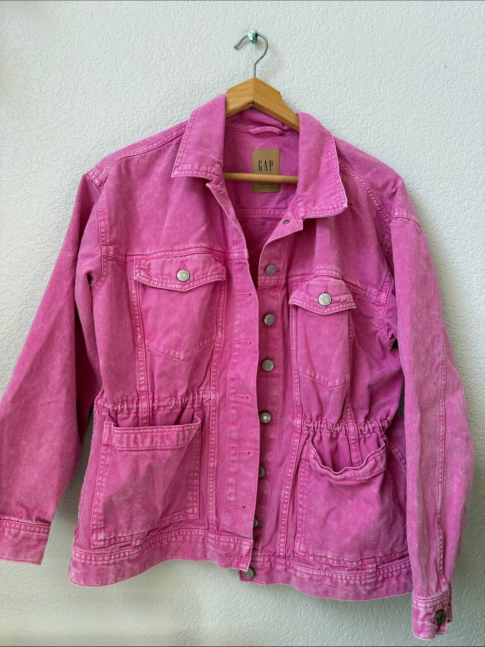 GAP Denim Jacket with Drawstring Waist Oversized Hot Pink size Medium - Picture 2 of 13